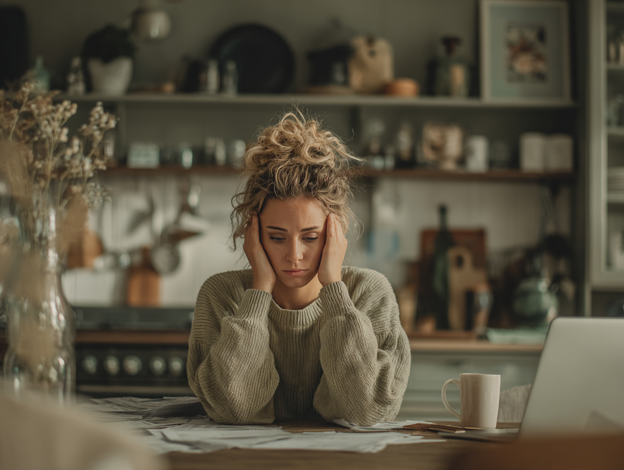 A young woman sits at a kitchen table, visibly stressed and holding her head in her hands.