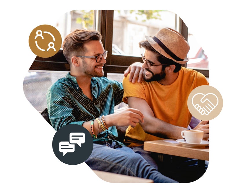 Image of two males sitting at a café laughing together with relationship conflict icons surrounding them