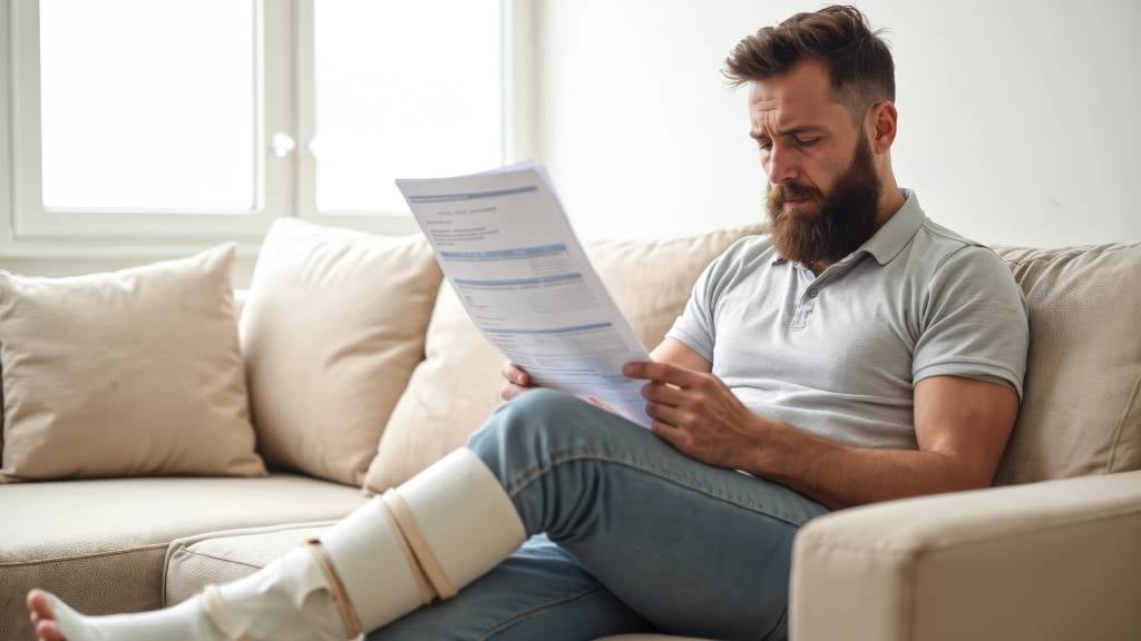 Man with broken leg sits on lounge reading documents