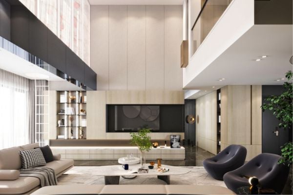 現代風客廳設計-挑高設計營造通透的空間感。