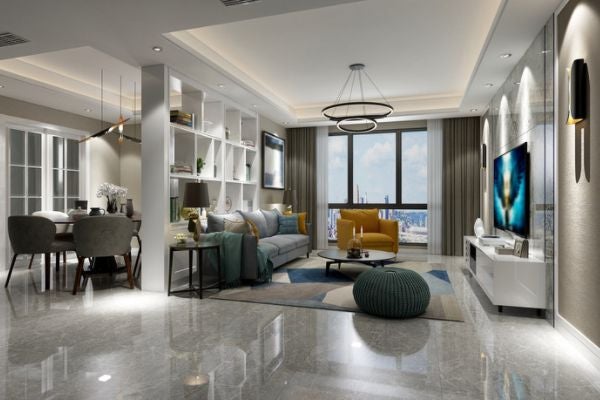 開方式客廳設計，使用系統櫃為隔間牆