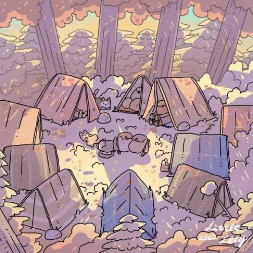 貓咪探險團與帳篷插圖