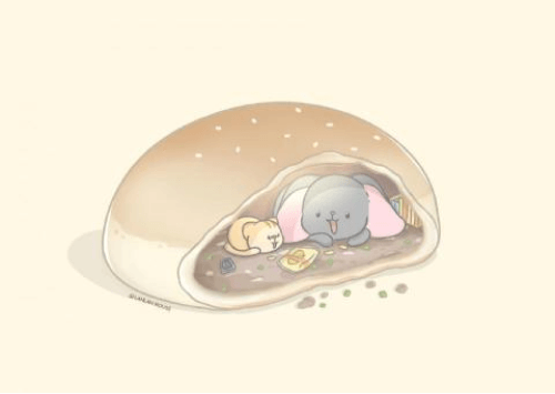 躲在胡椒餅裡的懶懶鼠與貓咪插圖