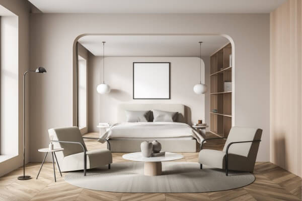 ▲當室內有橫樑穿越時，可以透過弧形設計降低大樑造成的壓迫感。