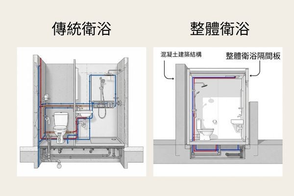 傳統衛浴與整體衛浴的示意圖