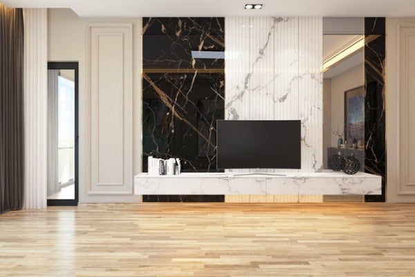 大理石電視牆施工價格：黑色大理石電視牆有鏡面效果