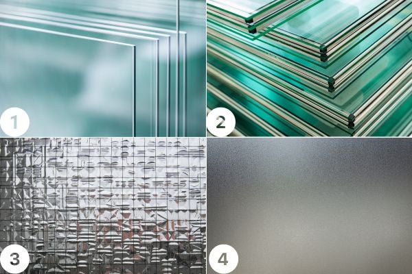 ▲各式玻璃：1.清玻璃 2.膠合玻璃 3.壓花玻璃 4.噴砂玻璃