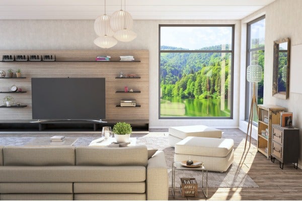 使用層架取代櫃體，可以讓電視牆視覺上較為輕盈