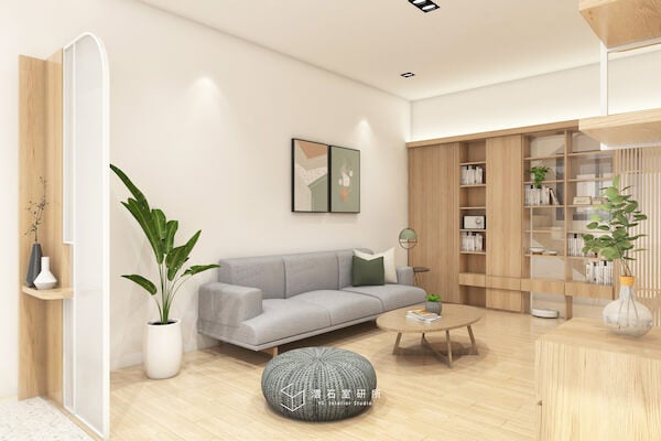 原木色調客廳系統櫃配色(圖片來源：澐石室研所 ）