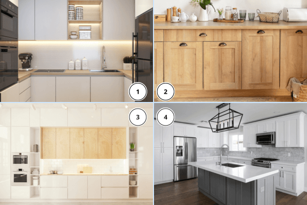 ▲常見廚房水槽材質：1.美耐板 2.實木貼皮 3.鋼琴烤漆 4.陶瓷鋼烤