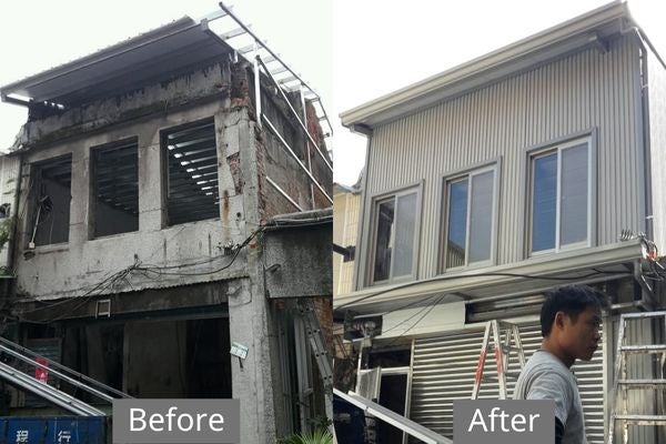 外牆拉皮工法-鐵皮包板前後對照圖