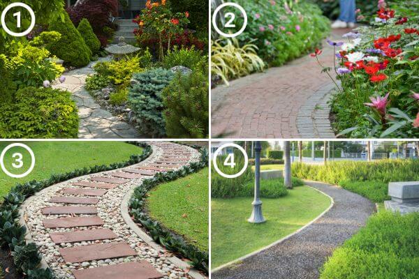 ▲步道鋪面：1.亂石板、2.步道磚、3.枕木、4.碎石