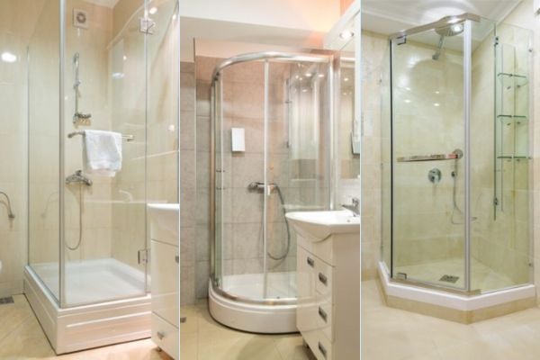 ▲角落型淋浴拉門（左：L型；中：圓弧形；右：五角形）