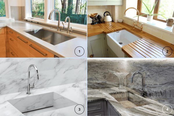 ▲常見廚房水槽材質：1.不銹鋼 2.陶瓷 3.人造石 4.花崗岩