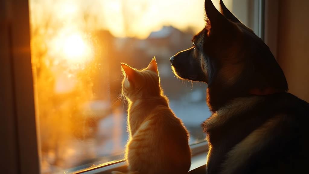 A cat and a dog sit near a window and look at the sun setting