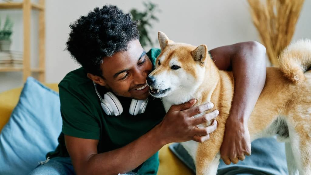 A happy young man hugs a healthy dog he adopted