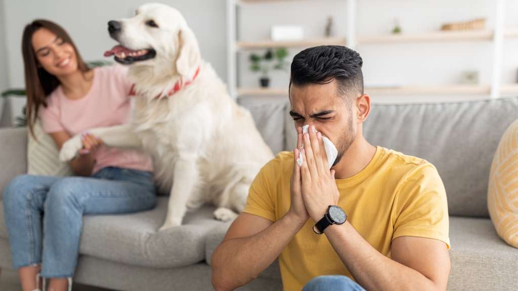 Man sitting on the floor blows nose next to a woman and Labrador sitting on the sofa