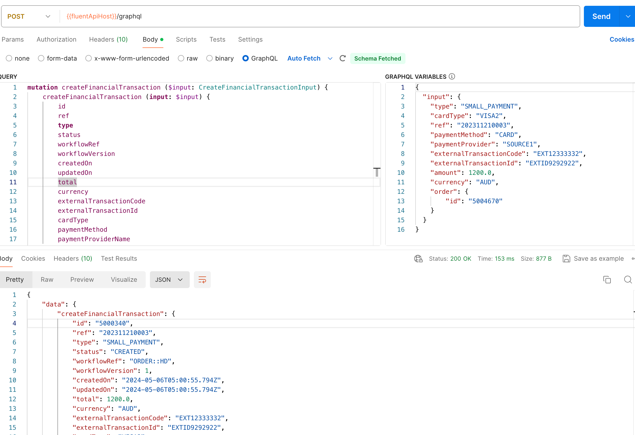 createFinancialTransaction GraphQL mutation Example