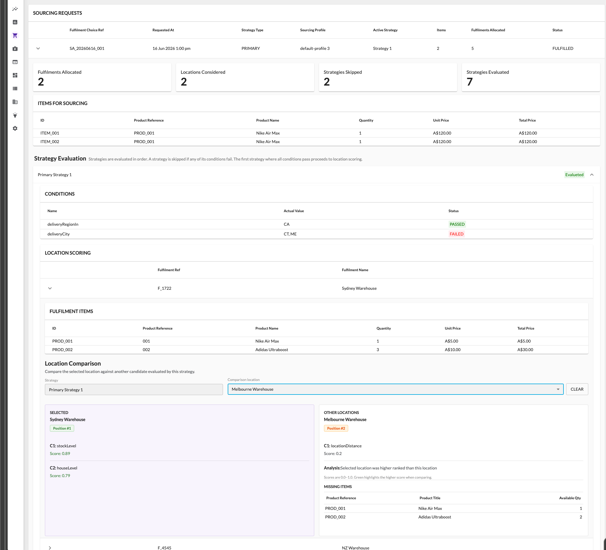Order Management Interface - Sourcing Tab