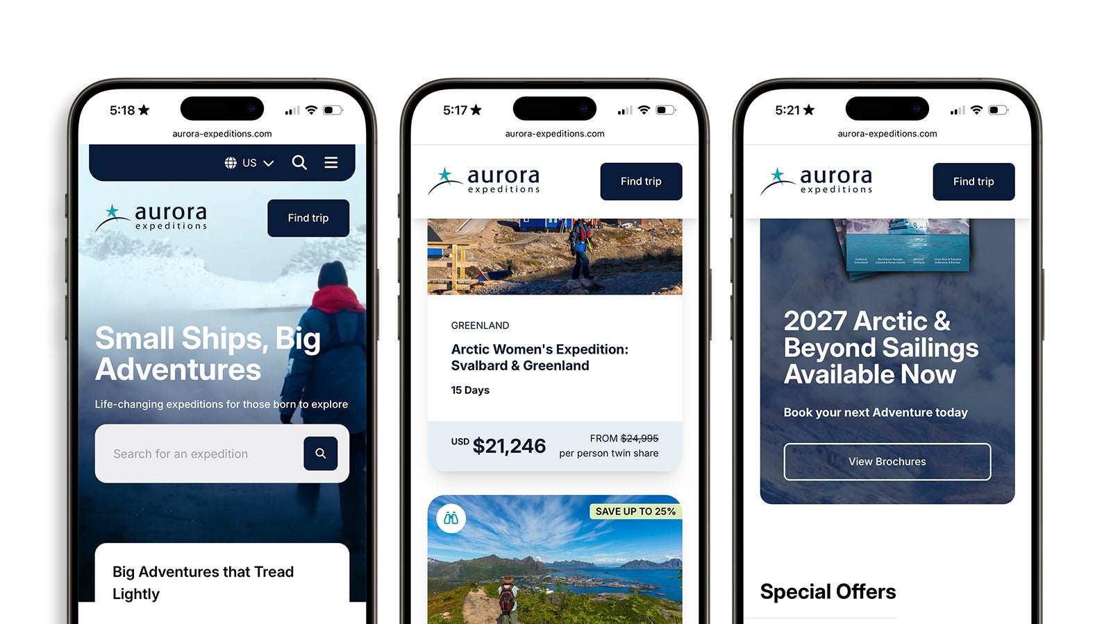 Aurora Expeditions | Responsive Aurora Expeditions website shown on three smartphones | Devotion