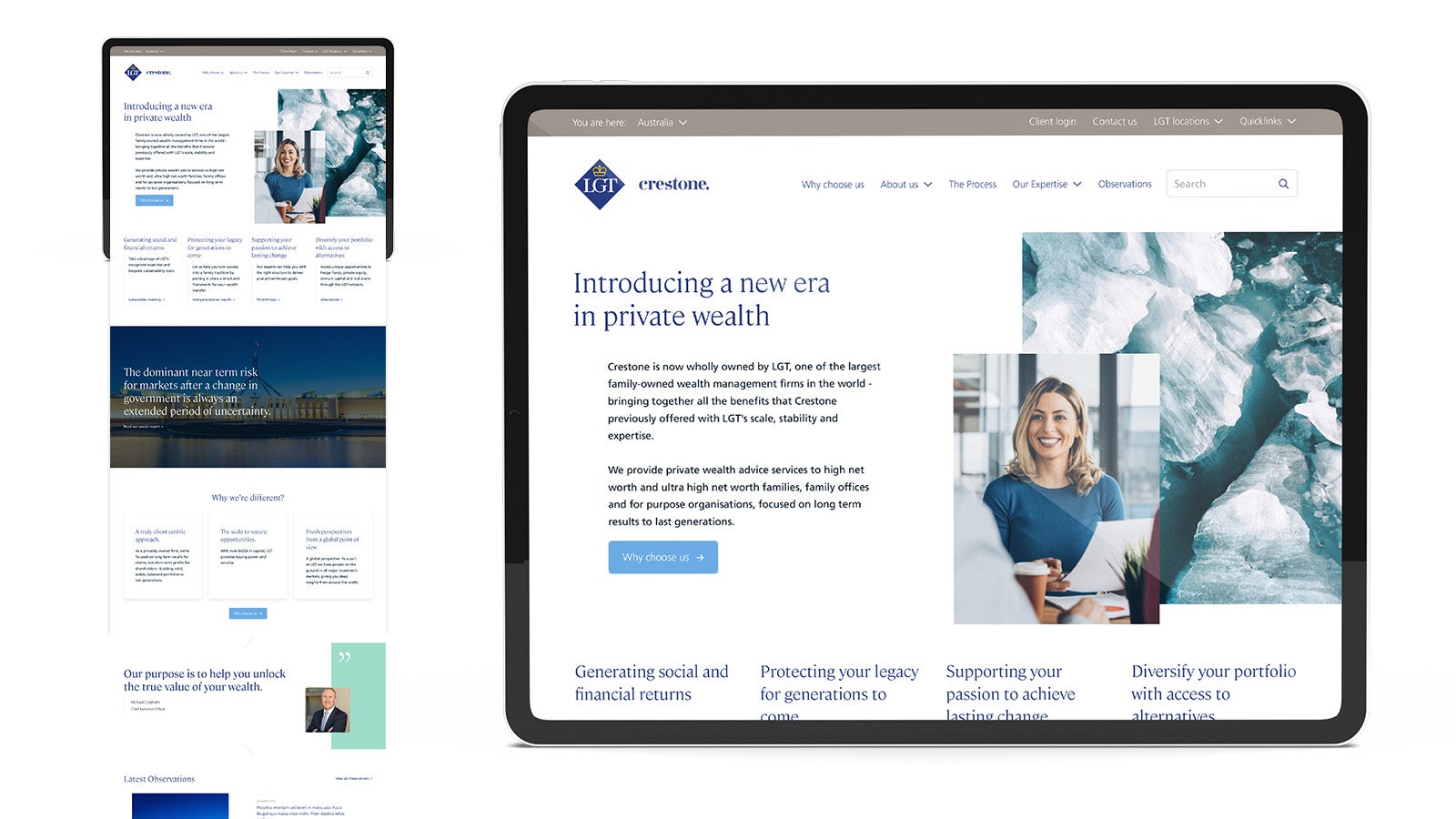 LGT Crestone | LGT Crestone website shown on a tablet with a smaller version showing the full website | Devotion