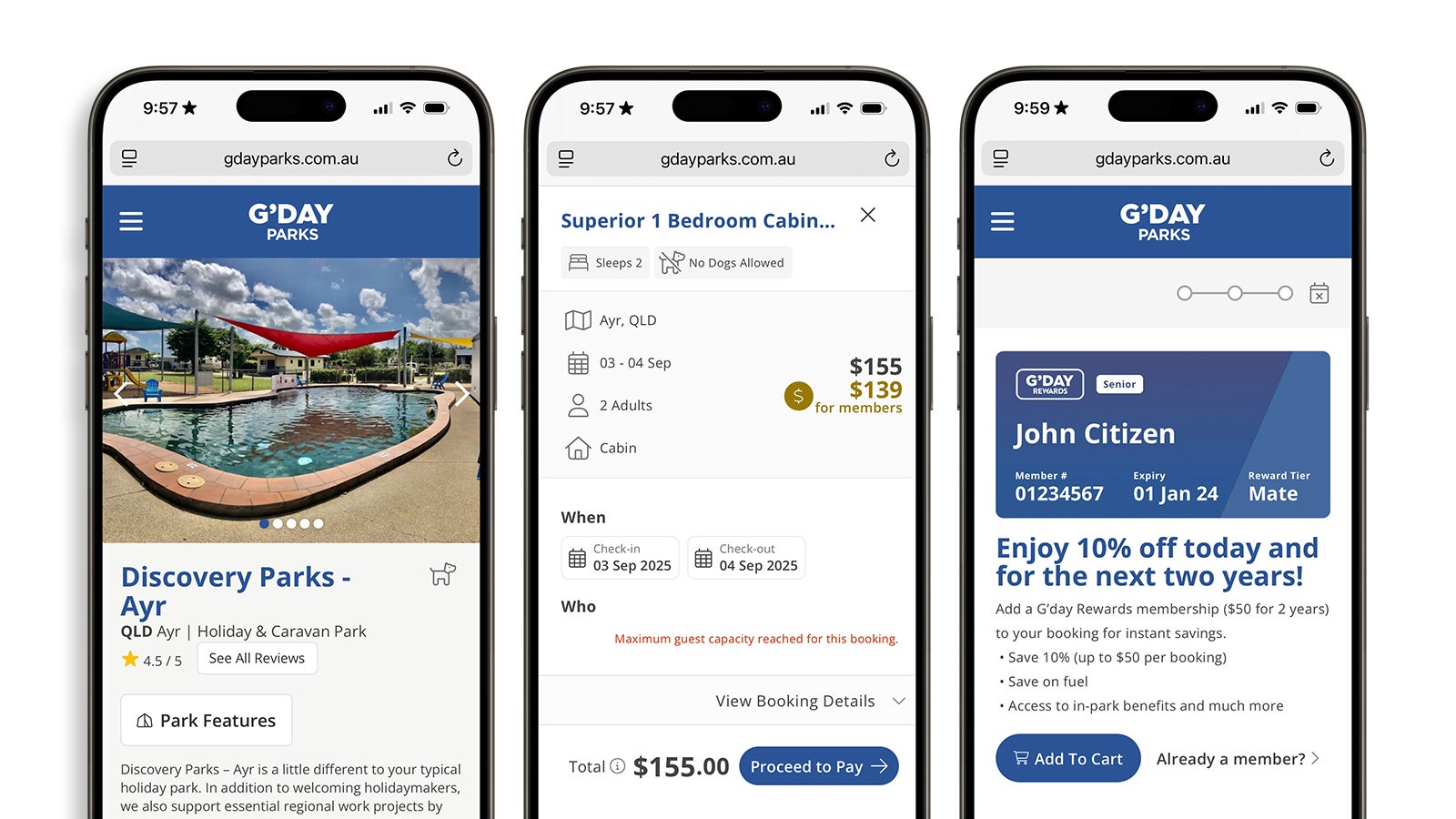 G'day Parks | different pages of the G'day Parks mobile website | Devotion