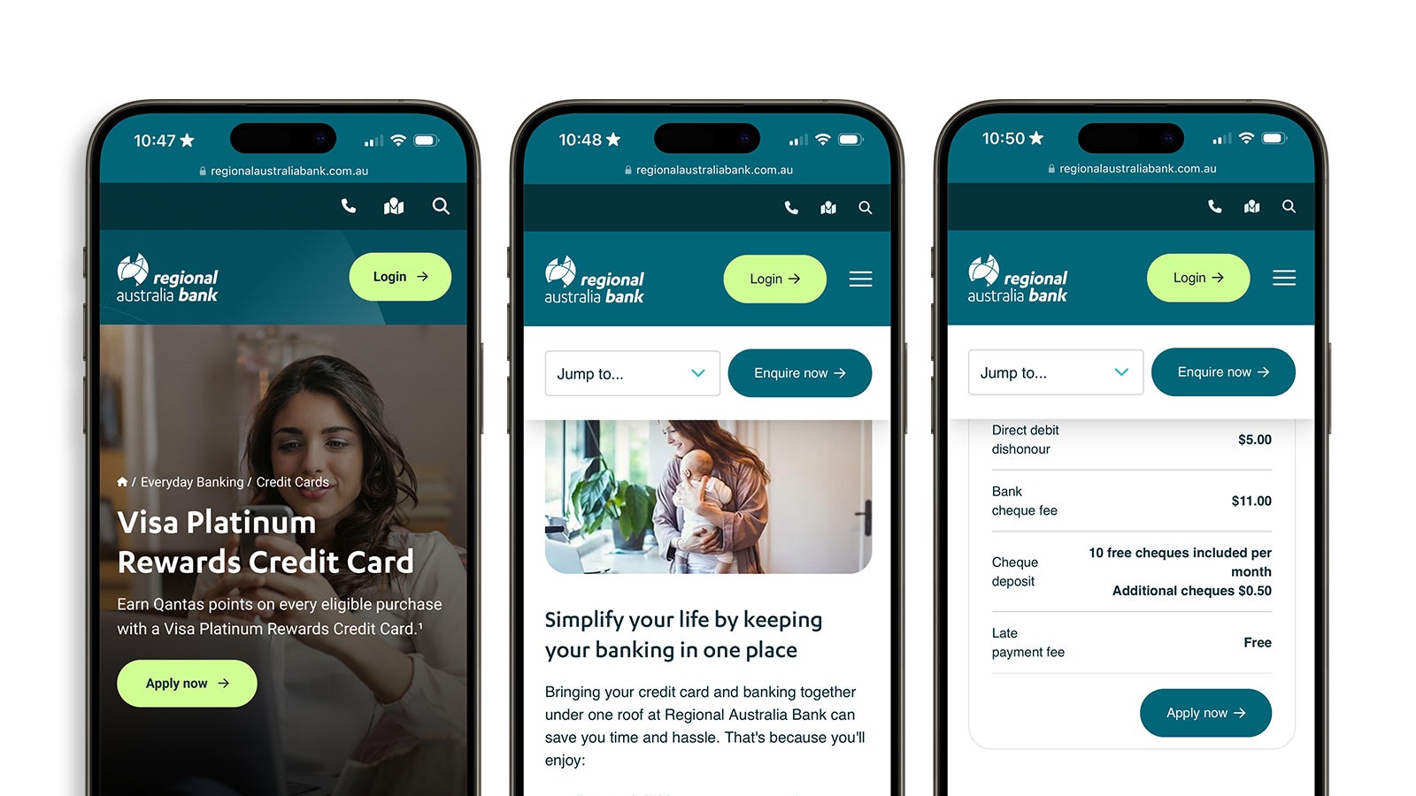 Regional Australia Bank | Three iPhones showing product pages from the Regional Australia Bank website | Devotion