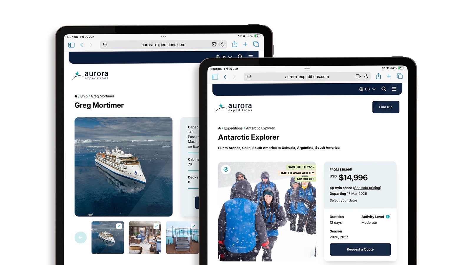 Aurora Expeditions | Responsive Aurora Expeditions website shown on two iPads | Devotion