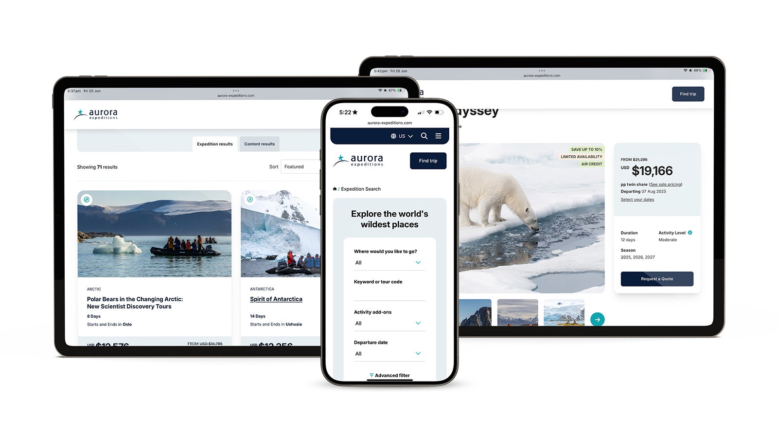 Aurora Expeditions | Responsive Aurora Expeditions website shown on two iPads and a smartphone | Devotion