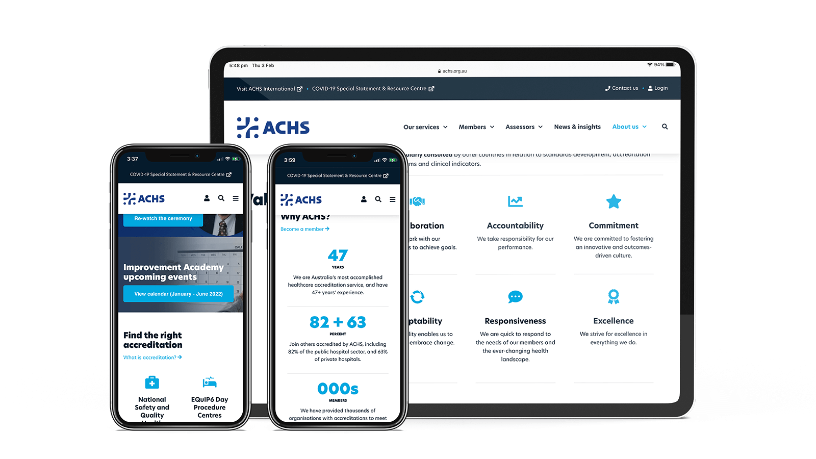 The ACHS website shown on a tablet and two smartphones | Devotion
