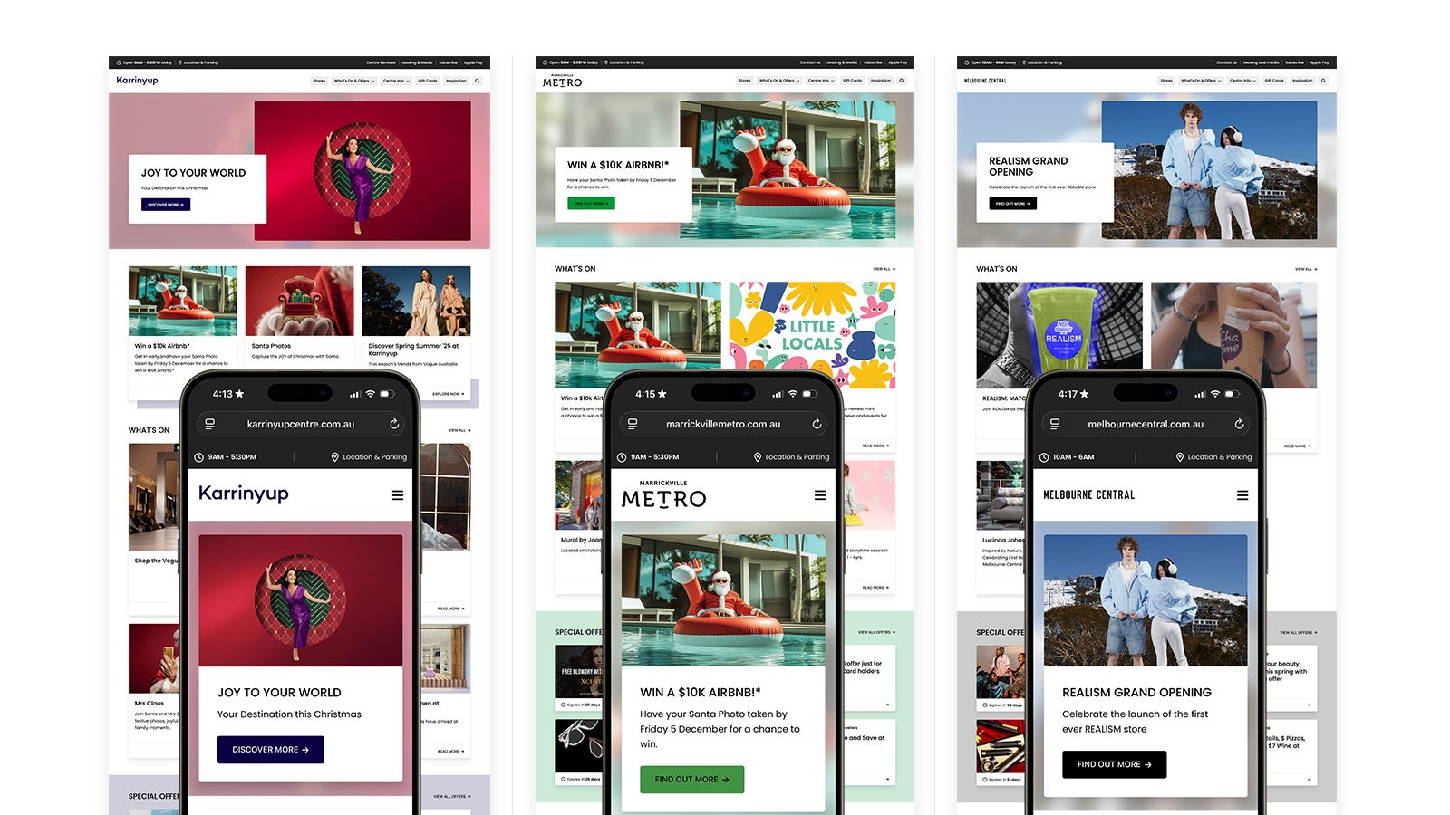 GPT | Responsive GPT website homepages for Karrinyup, Marrickville Metro, and Macquarie Centre shown on three smartphones | Devotion