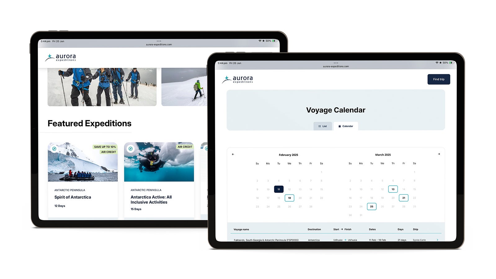 Aurora Expeditions | Responsive Aurora Expeditions voyage calendar page from the website shown on an iPad | Devotion
