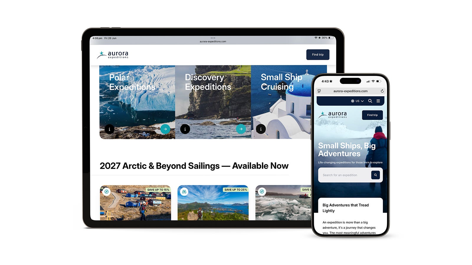 Aurora Expeditions | Responsive Aurora Expeditions website shown on an iPad and smartphone | Devotion