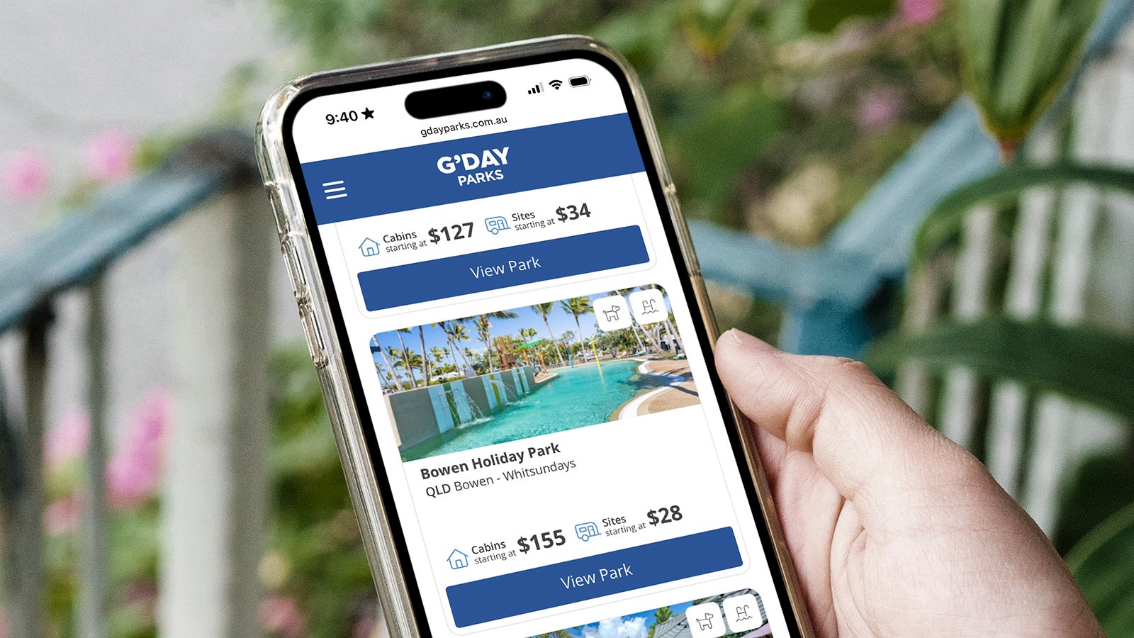 G'dy Parks | G'day Parks website on a smartphone | Devotion