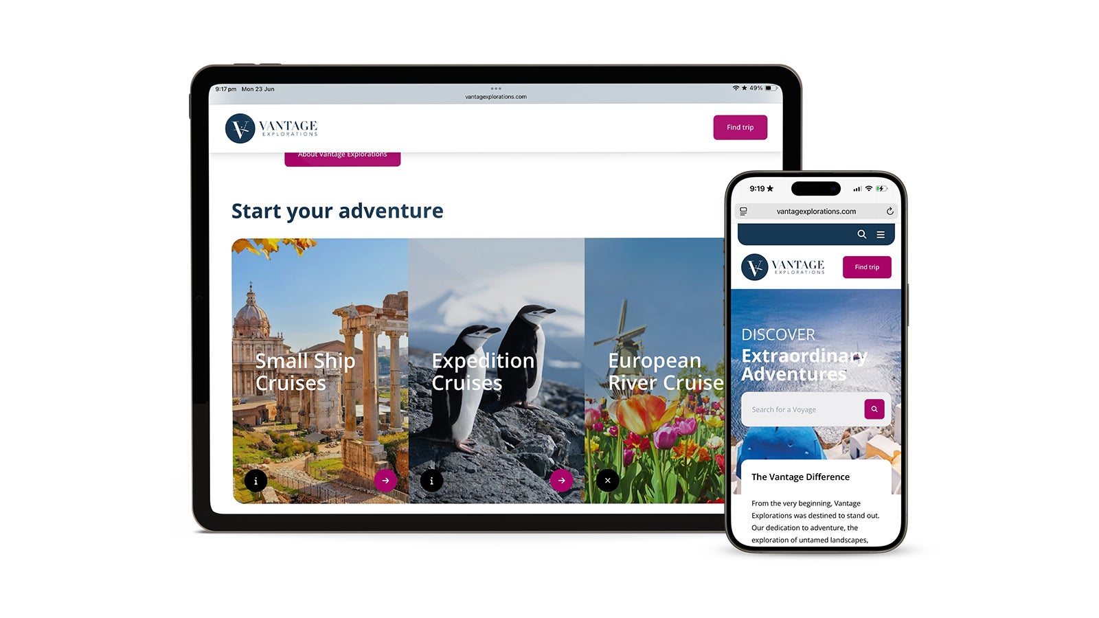 Vantage Explorations | Responsive Vantage Explorations website shown on an iPad and smartphone | Devotion
