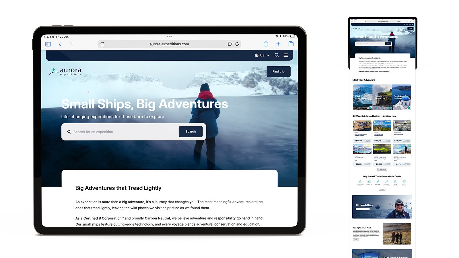 Aurora Expeditions | Responsive Aurora Expeditions website shown on an iPad | Devotion