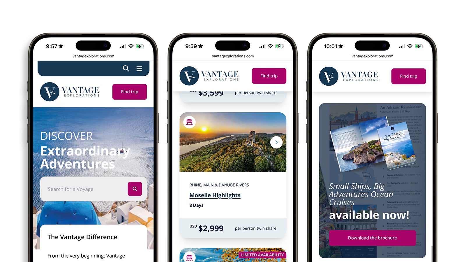 Vantage Explorations | Vantage Explorations website pages shown on three smartphones | Devotion