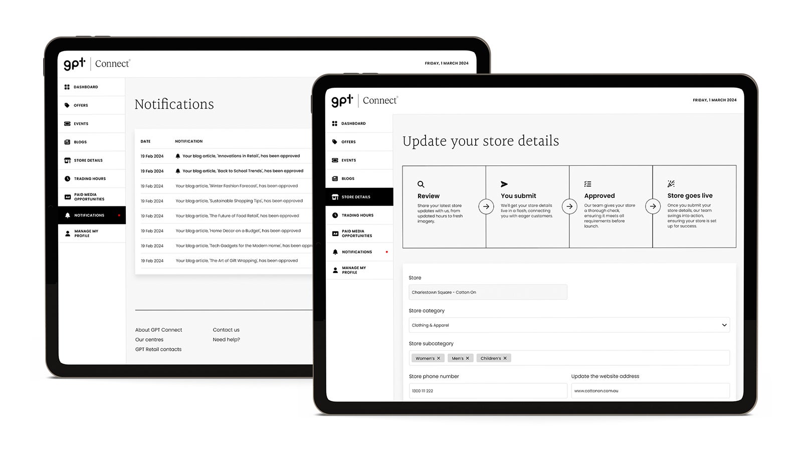 GPT | GPT Connect retail platform shown on two iPads alongside each other | Devotion