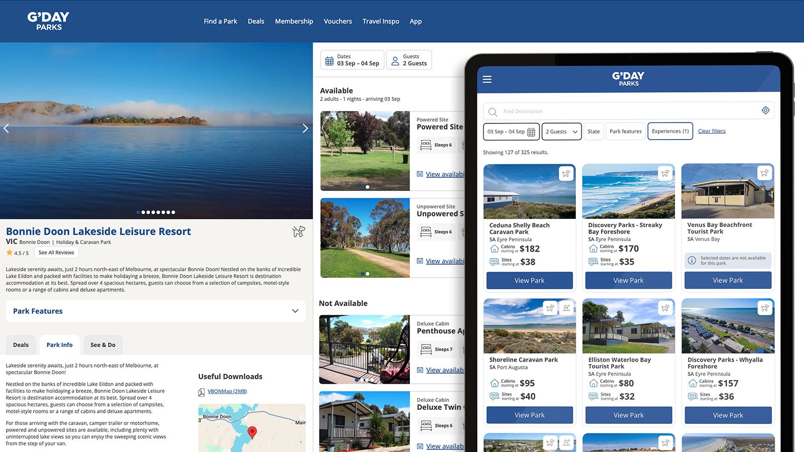 G'day Parks | responsive website shown on iPad | Devotion