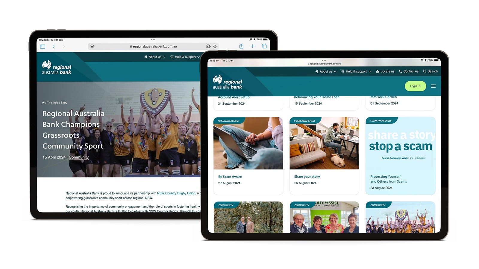 Regional Australia Bank | Two iPads showing article pages from the Regional Australia Bank website | Devotion