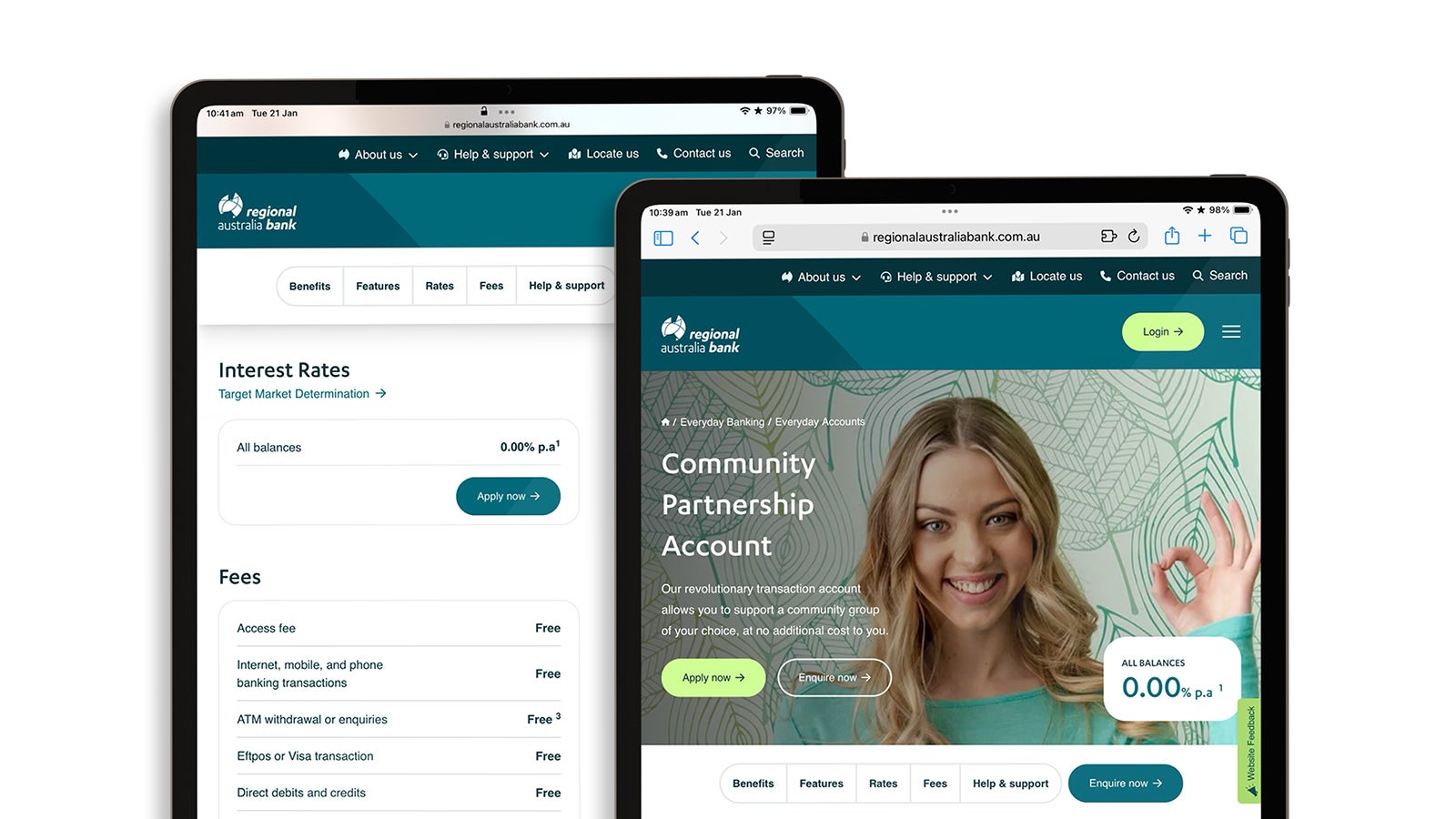 Regional Australia Bank | Two iPads showing product pages from the Regional Australia Bank website | Devotion