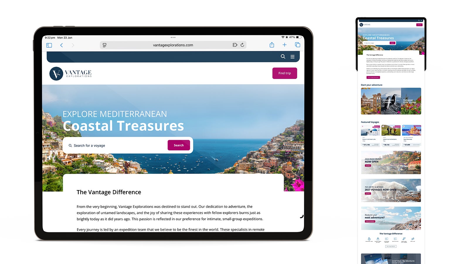 Vantage Explorations | Responsive Vantage Explorations homepage shown on an iPad | Devotion