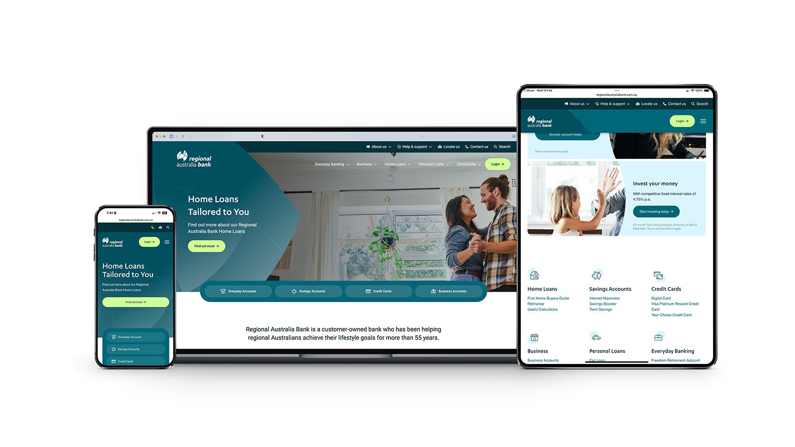 Regional Australia Bank | An Apple laptop, iPad, and iPhone showing pages from the Regional Australia Bank website | Devotion