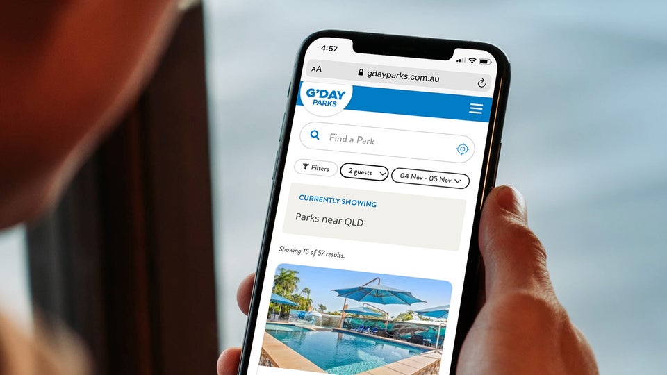 G'dy Parks | G'day Parks website on a smartphone | Devotion 