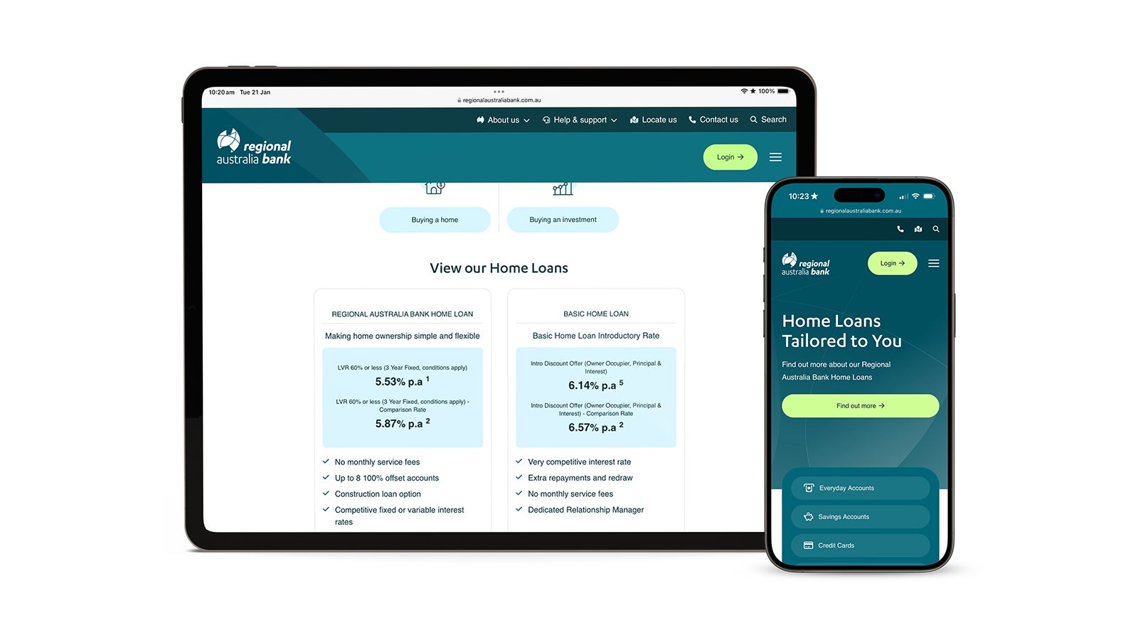 Regional Australia Bank | An iPad and an iPhone showing pages from the Regional Australia Bank website | Devotion