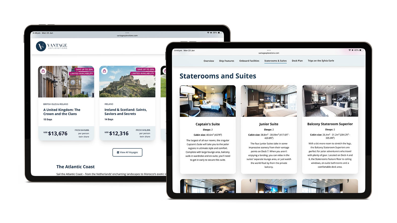 Vantage Explorations | Responsive Vantage Explorations website shown on two iPads | Devotion