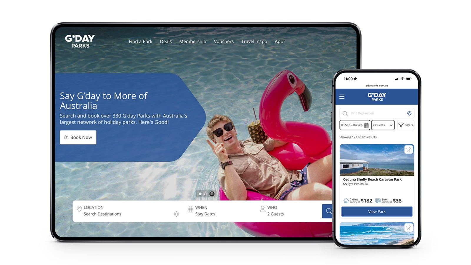 G'day Parks | Responsive G'day Parks website on laptop, tablet, and smartphone | Devotion