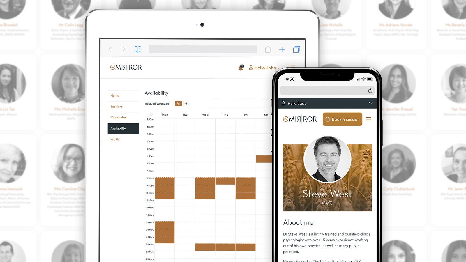 My Mirror | Booking page shown on tablet and psychologist profile page shown on smartphone | Devotion