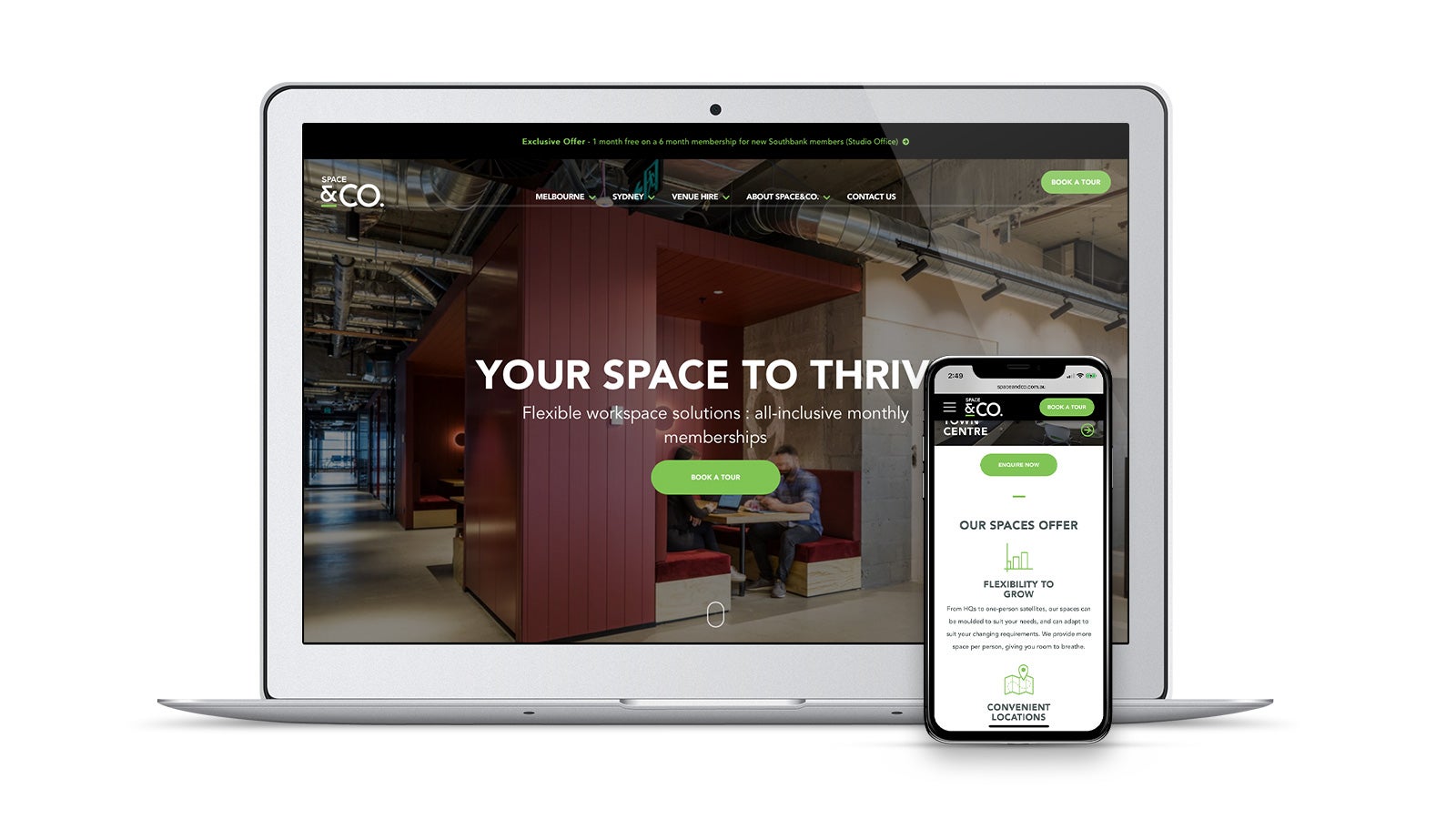 Space & Co. | responsive website on laptop and smartphone | Devotion