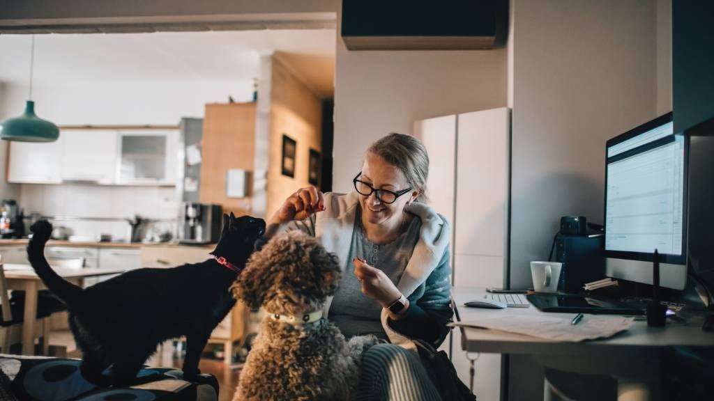 Woman pictured with her dog and cat at home 